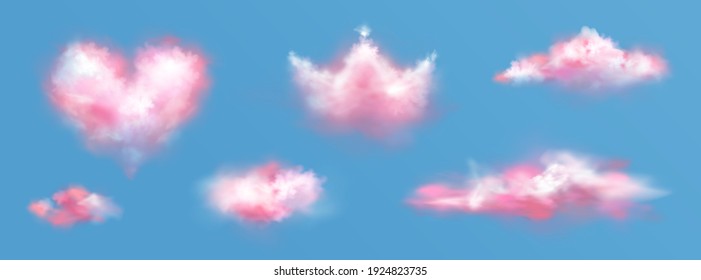Pink clouds in crown and heart shape in sky. Vector realistic set of fluffy clouds in air, pink smoke or fog in heaven isolated on blue background. Concept of dreams and love