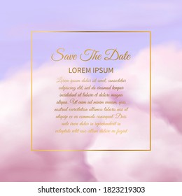 Nubes rosas. Cute algodón de azúcar nube rosa textura delicada, fondo del cielo del glamur con marco cuadrado dorado y espacio de texto elegante plantilla de tarjeta de invitación de boda fantasía de vectores de papel tapiz