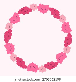 Pink Clouds Frame. Cute Romantic Circle Round Border with curly Fluffy sky elements. Vector illustration for Valentines Day and Wedding