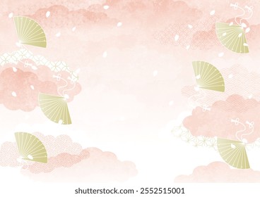 Nuvens rosa, fãs dourados e pétalas de cerejeira caindo, em um fundo japonês, ilustração vetorial. Horizontal.