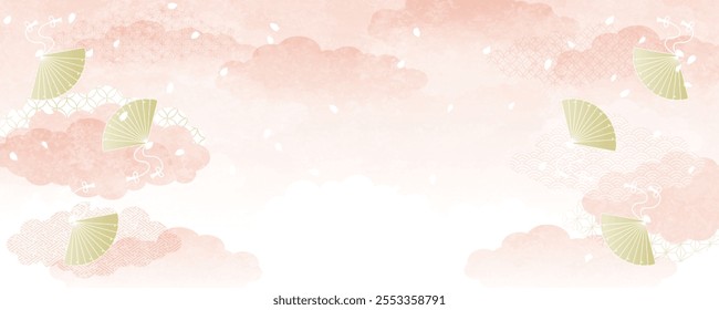 Pink clouds, golden fans, and falling cherry blossom petals, on a Japanese-style background, vector illustration. Horizontal.