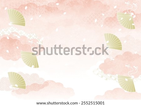 Pink clouds, golden fans, and falling cherry blossom petals, on a Japanese-style background, vector illustration. Horizontal.