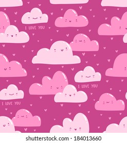 Pink clouds i love you seamless pattern, vector illustration