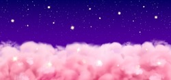 Pink Clouds Night Background. Vector Realistic Dreamy Sky With Stars. Above The Clouds In Dark Heaven, Web Banner Template Of Dawn Or Dusk