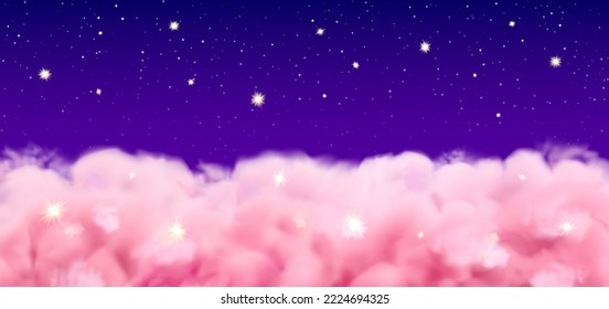 Pink clouds night background. Vector realistic dreamy sky with stars. Above the clouds in dark heaven, web banner template of dawn or dusk