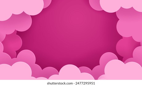Pink clouds in paper cut style background. Cloudscape border frame with space for text. Perfect for a pastel Happy Valentine's Day.
