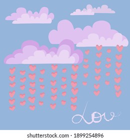 Pink clouds and rain from hearts. Love concept.