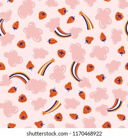 Pink clouds, rainbow and strawberries. Cute baby print design for fabric or wrap paper. Vector pink endless background. Hippie design.