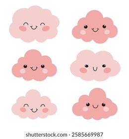 Pink clouds set in cute cartoon flat style vector illustration. Pink cloud for decoration. Clouds elements for newborn, nursery, stickers