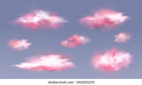 Pink clouds in sky at morning or sunset isolated on transparent background. Vector realistic set of fluffy clouds in air, pink smoke or fog in heaven at sunrise or evening