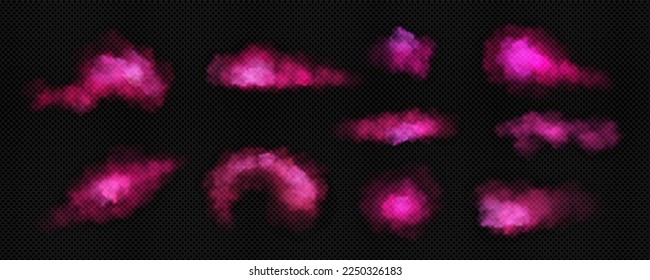 Nubes rosas de humo, niebla o vapor. Escamas de polvo mágico, textura de explosión de polvo de color. Nubes de niebla o niebla aisladas en fondo transparente, ilustración vectorial realista