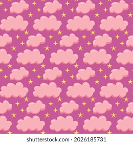 Pink clouds and stars background seamless pattern