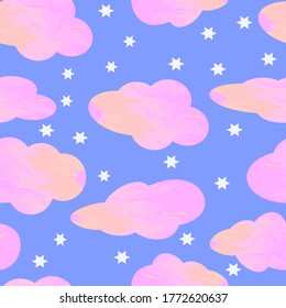 Pink clouds with stars seamless vector pattern,  child cuty illustration,  watercolor texture 