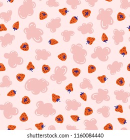 Pink clouds and strawberries. Cute baby print design for fabric or wrap paper. Vector pink endless background.