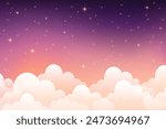 Pink cloudy sky background. Pastel fantasy purple sunset. Abstract dreamy magic vector wallpaper with soft light. Fairy heaven morning illustration with gradient texture with cute stars