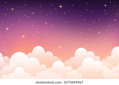 Pink cloudy sky background. Pastel fantasy purple sunset. Abstract dreamy magic vector wallpaper with soft light. Fairy heaven morning illustration with gradient texture with cute stars