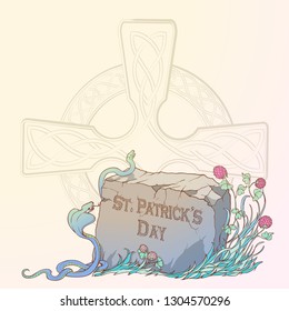 Pink clover in bloom, snakes and traditional celtic cross. St. Patrick's day festive design. Greeting card. Vertical orientation. EPS 10 vector illustration