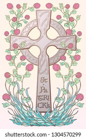 Pink clover in bloom and traditional celtic cross. St. Patrick's day festive design. Greeting card. Vertical orientation. EPS 10 vector illustration