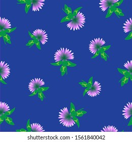 Pink clover with a green leaf on a blue background. Seamless pattern. Can be used for fabrics.