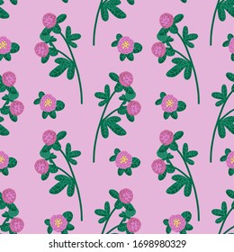 Pink clover on a pink background. Floral seamless pattern on dark background for textiles, fabric, packaging paper, background, Wallpaper, covers.