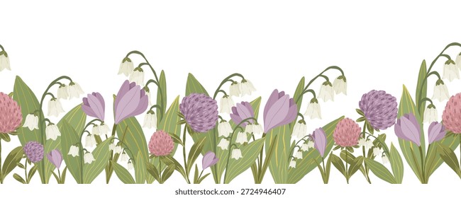 Pink clover, purple crocus and white lily of the valley flowers, hand drawn botanical floral vector seamless border with wild plants