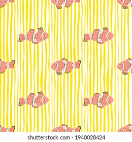 Pink clown fish seamless ocean pattern in doodle style. Yellow striped background. Tropic wildlife print. Designed for fabric design, textile print, wrapping, cover. Vector illustration.