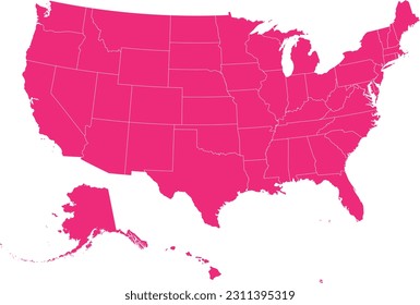 PINK CMYK color detailed flat map of the UNITED STATES OF AMERICA on transparent background with white federal states borders