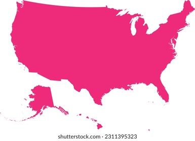 PINK CMYK color detailed flat map of the UNITED STATES OF AMERICA on transparent background