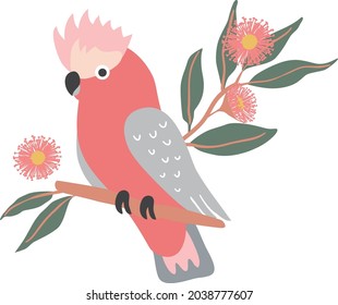 Cockatoo rosa Galah con flores de goma y hojas