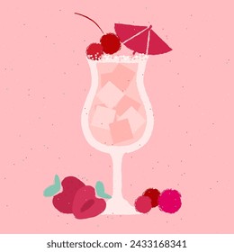 Pink cocktail with berries, cherries, strawberries and umbrella. Pina colada in stemware glass. Healthy smoothie. Alcohol drink for bar. Non-alcoholic beverage. Flat vector illustration with texture