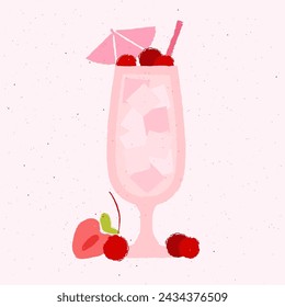 Pink cocktail with berries, cherries, strawberries and umbrella. Pina colada in hurricane glass. Milkshake. Alcohol drink for bar. Non-alcoholic beverage. Flat vector illustration with texture