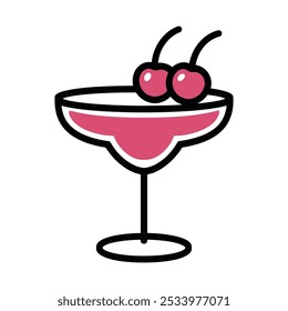 Pink Cocktail with Cherries in a Coupe Glass Vector Illustration