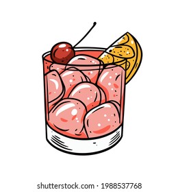 Pink cocktail with cherry bar and lemon. Hand drawn outline cartoon style. Vector illustration isolated on white background.
