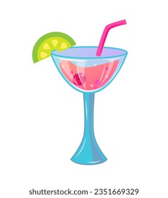 Pink cocktail with cherry and lime on white background. Pink aesthetic. Vector illustration.