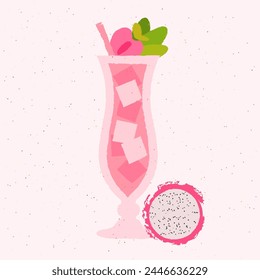 Pink cocktail with dragon fruit, strawberries. Pina colada in hurricane glass. Milkshake. Fruit smoothie. Alcohol drink for bar. Non-alcoholic beverage. Flat vector illustration with texture