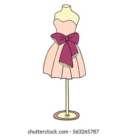 Pink cocktail dress with a bow. Ball gown mannequin on white background. Hand drawn sketchy fashion illustration for shop, atelier, sewing manufacture.