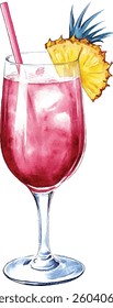 Pink Cocktail Drink with Pineapple Garnish - Watercolor  vector illustration