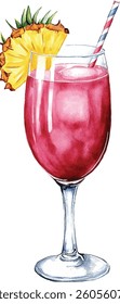 Pink Cocktail Drink with Pineapple Garnish - Watercolor  vector illustration