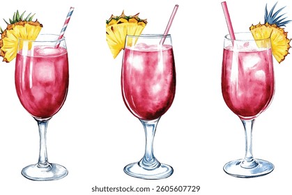 Pink Cocktail Drink with Pineapple Garnish - Watercolor  vector illustration