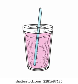 Pink cocktail or drink in plastic glasses outline colorful style vector art.