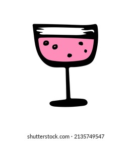 Pink cocktail drink vector sketch icon. Hand drawn glass element. Summer party bar sign. 