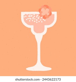 Pink cocktail with flower. Wine drink in margarita glass. Pink gimlet cocktail. Alcohol drink for bar. Non-alcoholic beverage. Flat vector illustration with texture