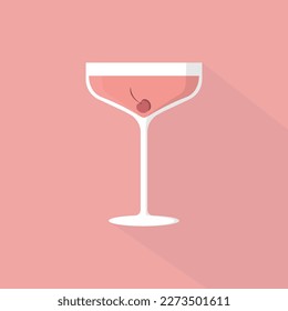 pink cocktail in a glass with cherry on a pink background, simplified vector illustration in flat and vintage style