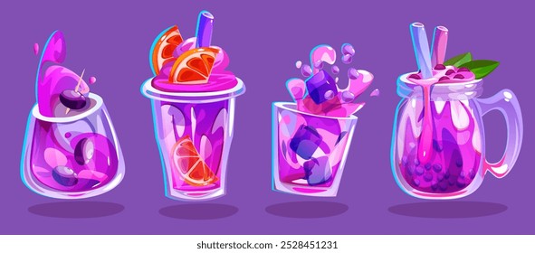 Pink cocktail in glass cup with splashes and straw. Cartoon vector illustration set of alcohol and mocktail drink with citrus slices and mint leaves, ice cubes and bubbles, berries and olives.