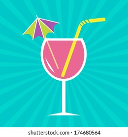 Pink cocktail glass with drinking straw and umbrella. Sunburst background.  Vector illustration.