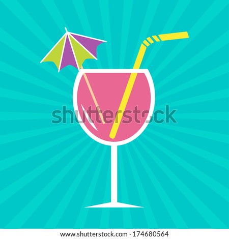 Pink cocktail glass with drinking straw and umbrella. Sunburst background.  Vector illustration.