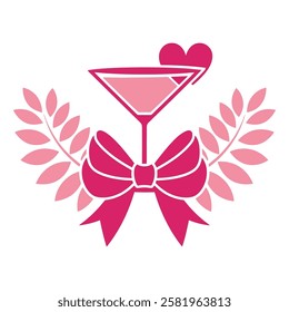 Pink Cocktail Glass With Heart And Bow Ribbon Illustration