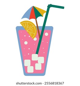 pink cocktail in a glass with ice cubes, a lemon slice, a colorful umbrella, and a green straw, evoking a tropical and fun vibe.