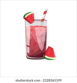 pink cocktail in a glass glass with pieces of ice and straws. watermelon drink in a glass with watermelon pieces