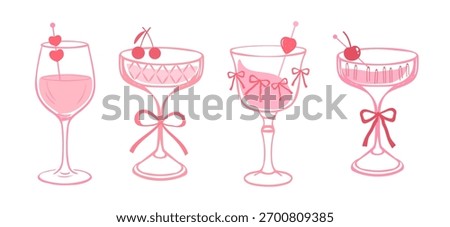 Pink cocktail glass vector set, coupe and goblet drinkware with bows, cherries and hearts strawberry, cute coquette line art for bar menu, party invitation and sticker design.